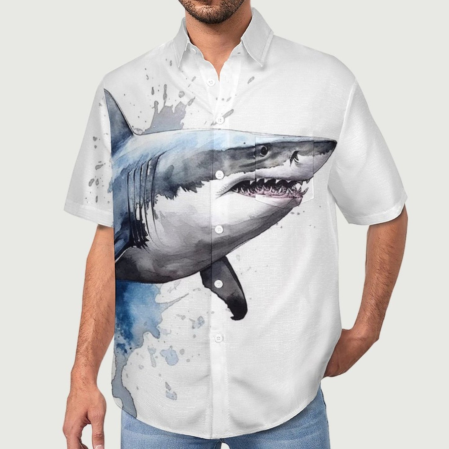 Men's Shark Painted Art Print Vacation Hawaiian Shirt