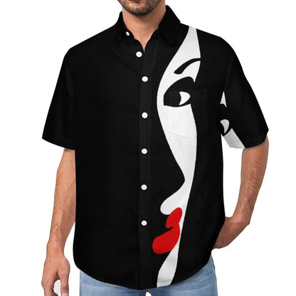 Men's Beautiful Girl Face Shadow Printed Casual Short Sleeve Shirt 2306102580