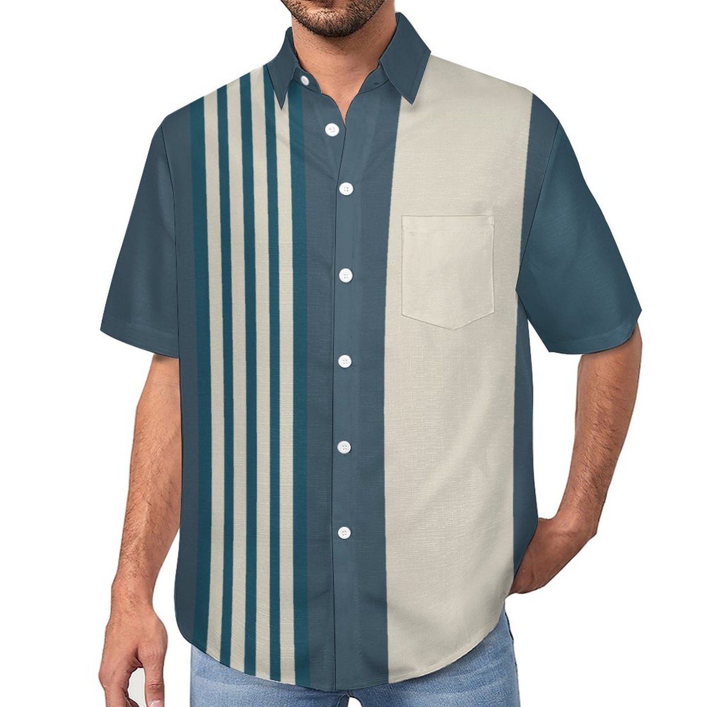 Men's Striped Print Front Button Soft Breathable Chest Pocket Casual Shirt