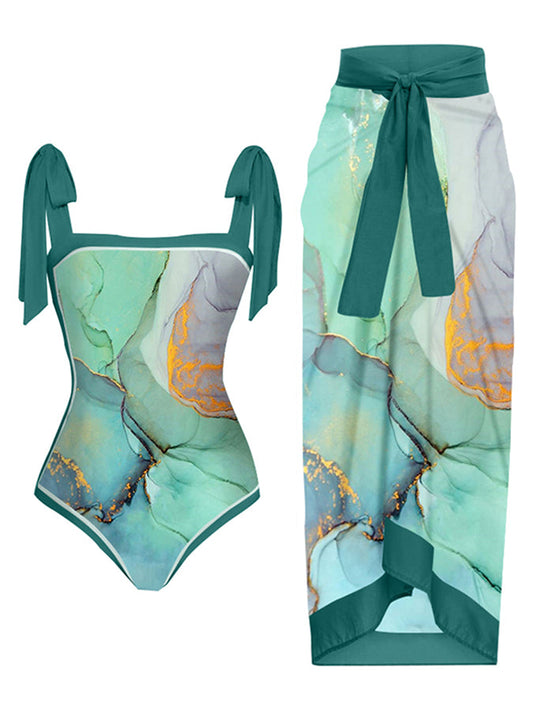 Vintage Colorblock Print One Piece Swimsuit and Cover Up