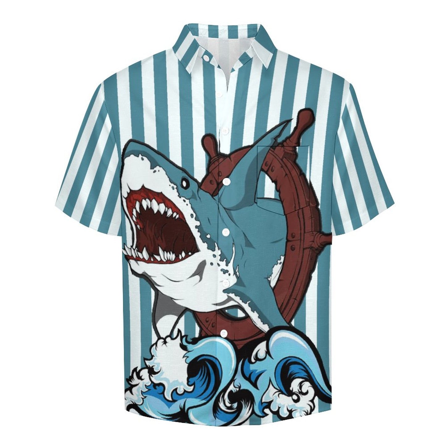 Men's Hemp Stripe Shark Print Vacation Hawaiian Shirt