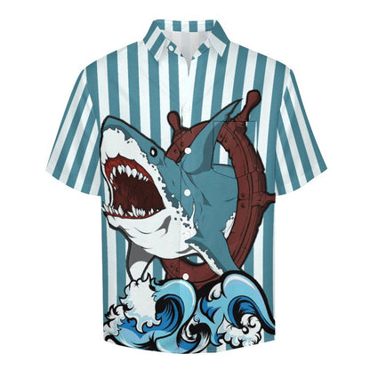 Men's Hemp Stripe Shark Print Vacation Hawaiian Shirt