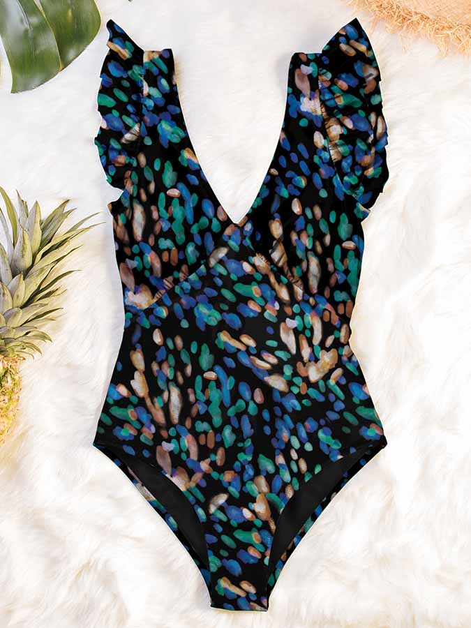 Deep V Open Back Printed Ruffle One-Piece Swimsuit