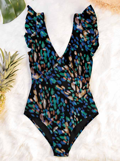 Deep V Open Back Printed Ruffle One-Piece Swimsuit