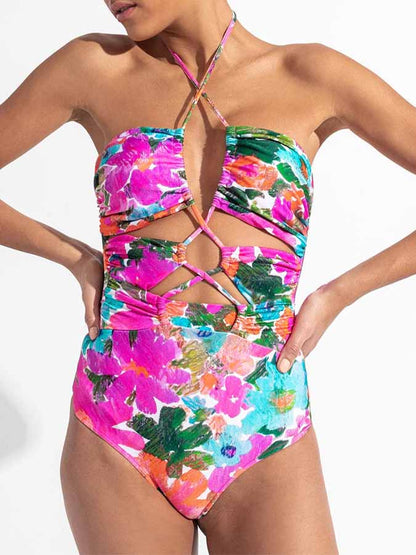 Halter Straps Cutout Floral Doodle One-Piece Swimsuit and Skirt