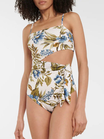 Fashion Colorblock Floral Print One Piece Swimsuit