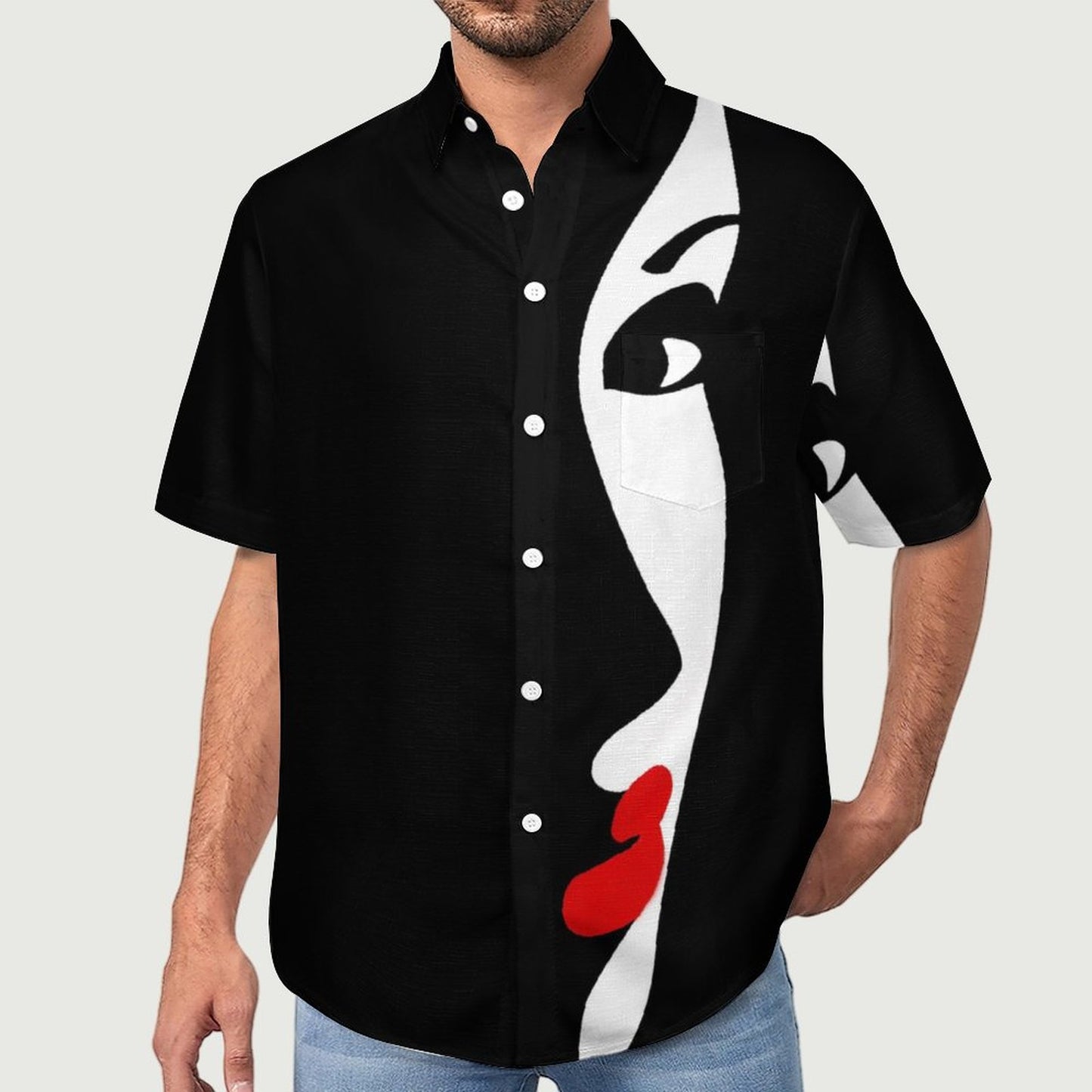 Men's Beautiful Girl Face Shadow Printed Casual Short Sleeve Shirt 2306102580