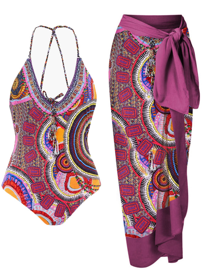 Fashion Print Halter Tie One Piece Swimsuit