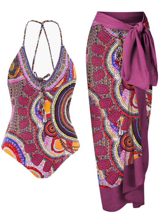 Fashion Print Halter Tie One Piece Swimsuit