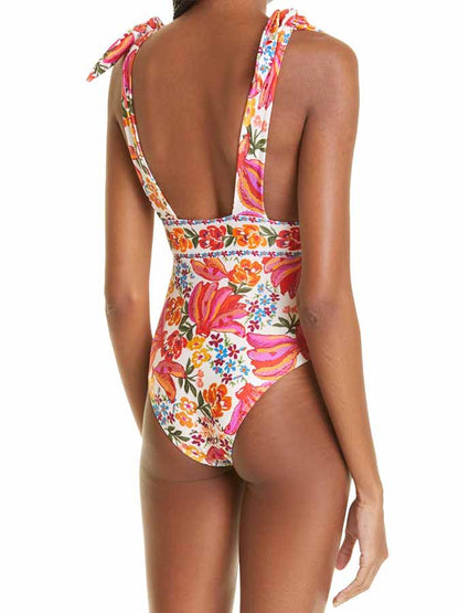 Fashion Print Deep V One Piece Swimsuit