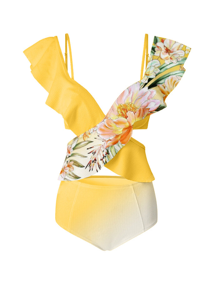 Fashion Vintage Gradient Floral Print Ruffled One Piece Swimsuit Set