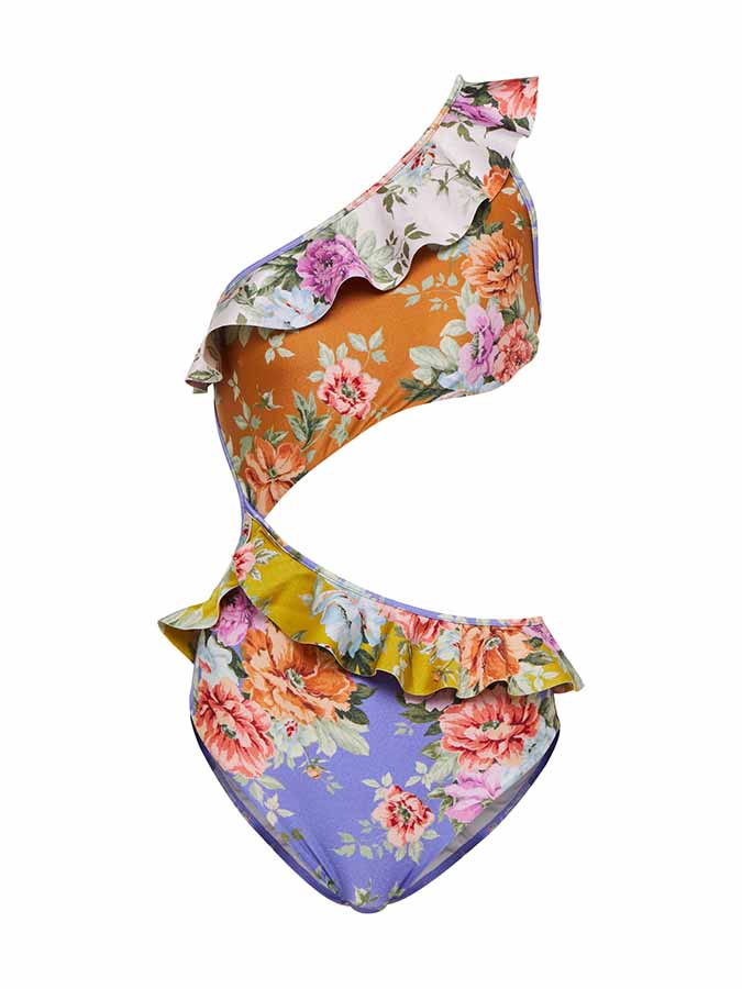 Fashion Colorblock Floral Print Ruffle One-Piece Swimsuit