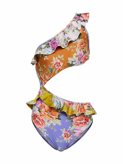 Fashion Colorblock Floral Print Ruffle One-Piece Swimsuit