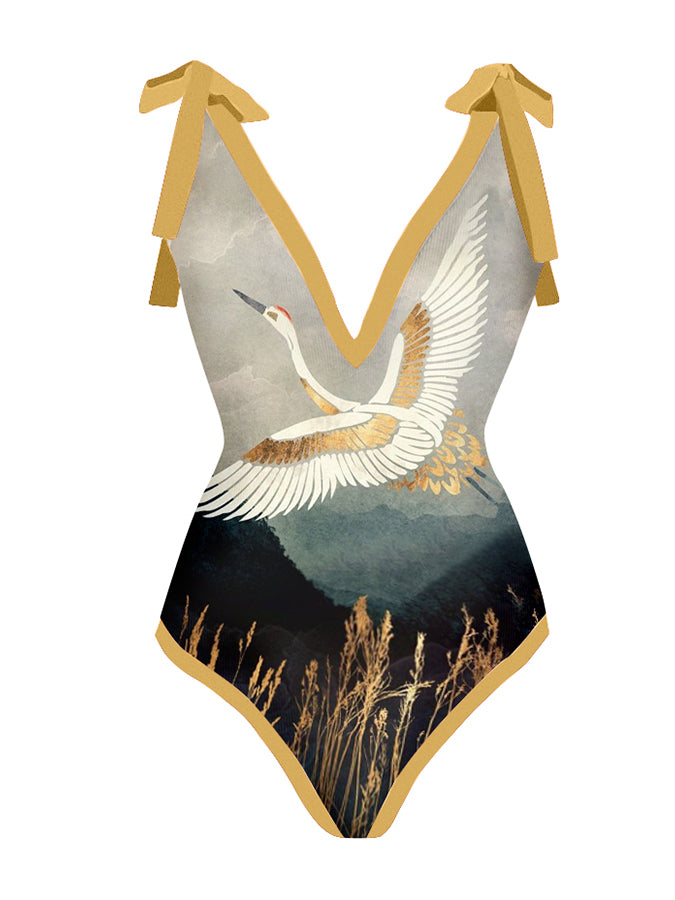 Vintage V-Neck Print One-Piece Swimsuit Set