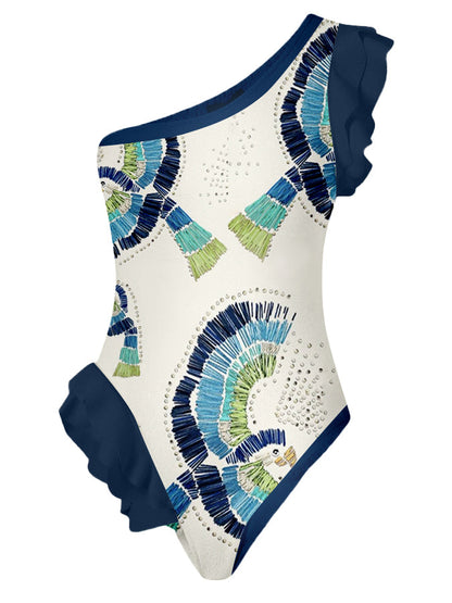 One-Shoulder Ruffle Print One-Piece Swimsuit Set