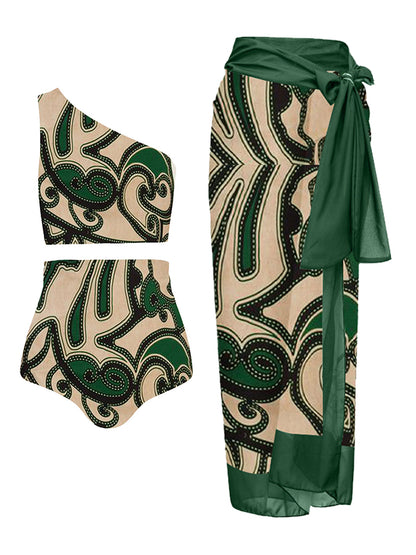 Fashion Printed One Shoulder High Waist One Piece Swimsuit
