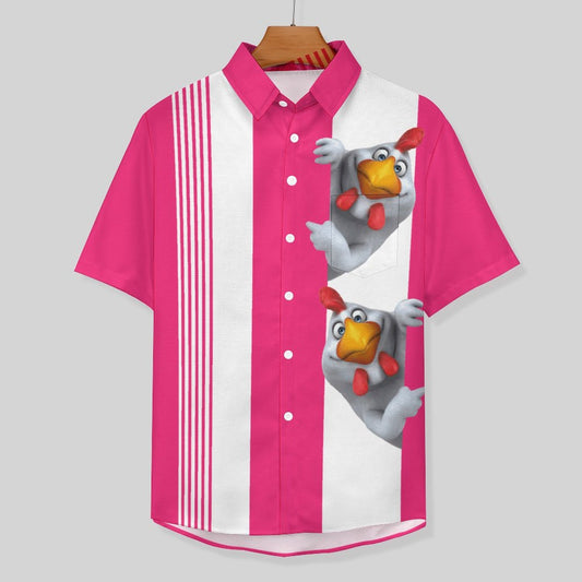 Happy Rooster Chest Pocket Short Sleeve Faux Linen Shirt Men's Vacation Hawaiian Shirt