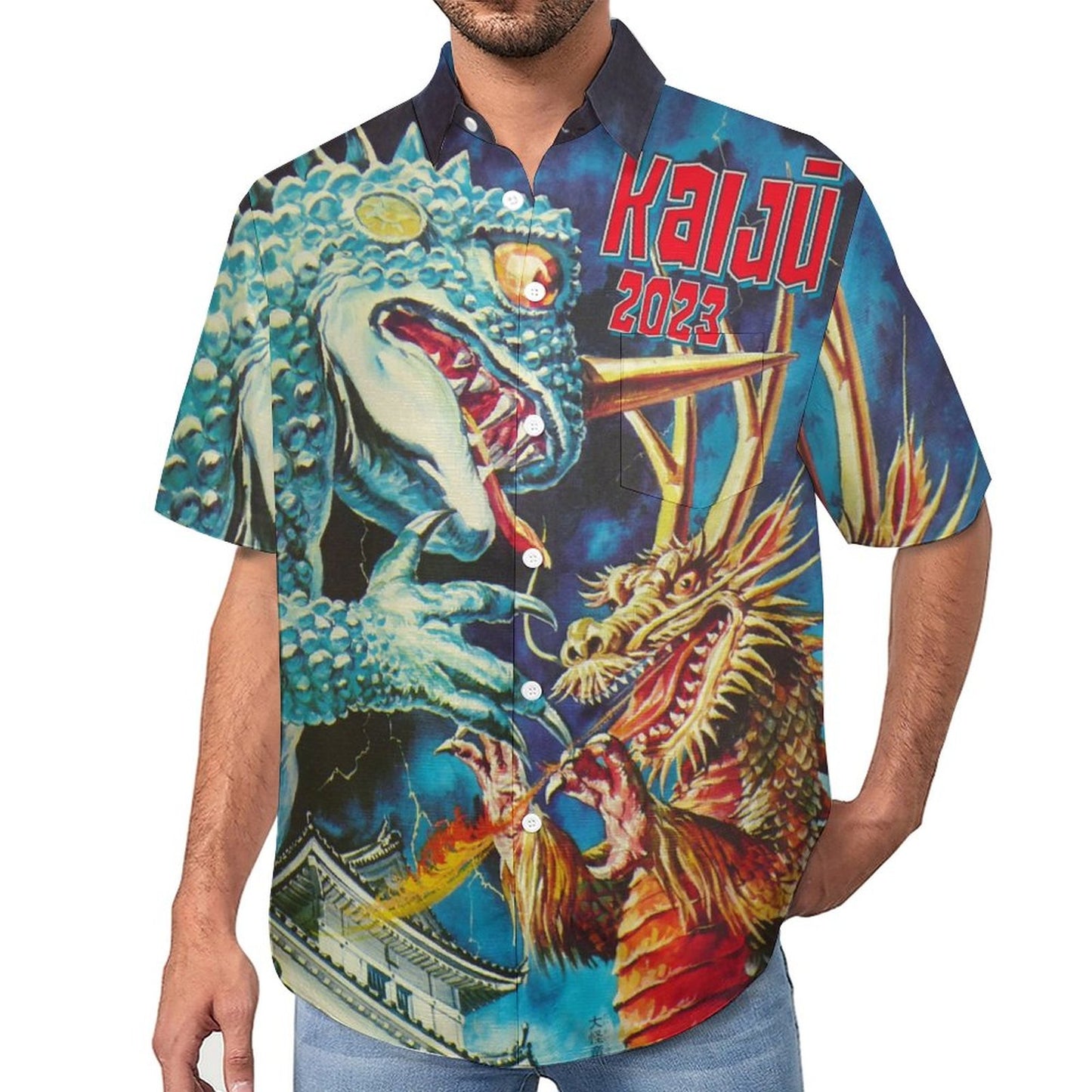 Men's Cotton Monster Print Vacation Hawaiian Shirt 2306101229