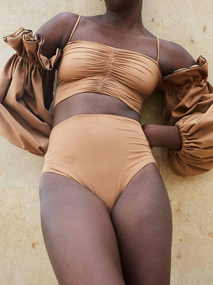 Solid Color Puff Sleeve Bikini