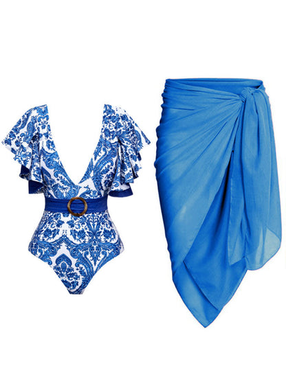 Deep V Ruffle Print One-Piece Swimsuit Set