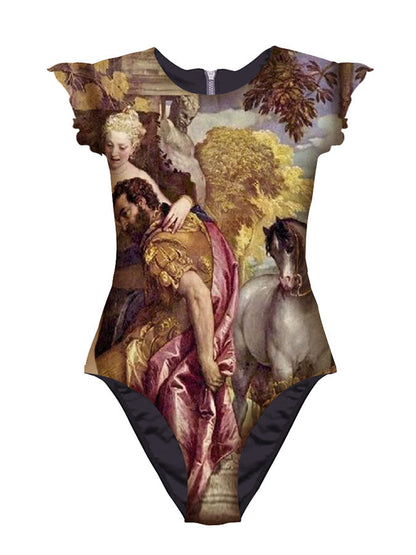 Vintage Oil Print Ruffled One-Piece Swimsuit Set