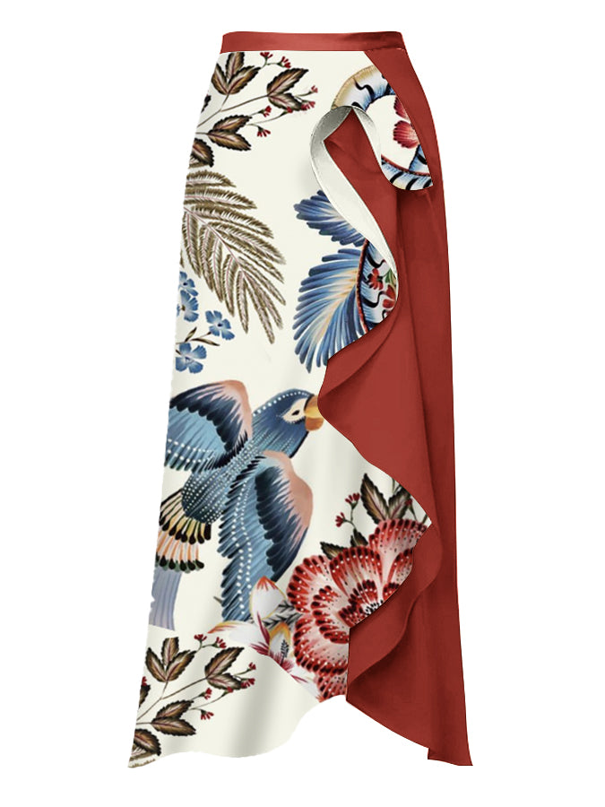 Vintage V Neck Ruffle Floral Print Swimsuit and Skirt