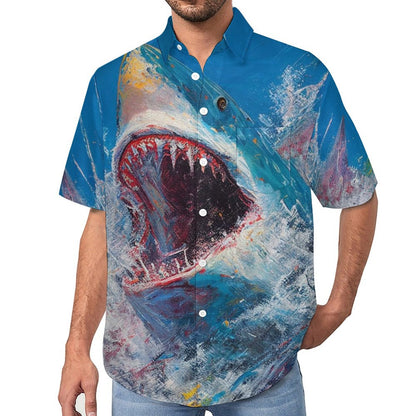 Men's Canvas Shark Art Print Vacation Hawaiian Shirt 2305106642