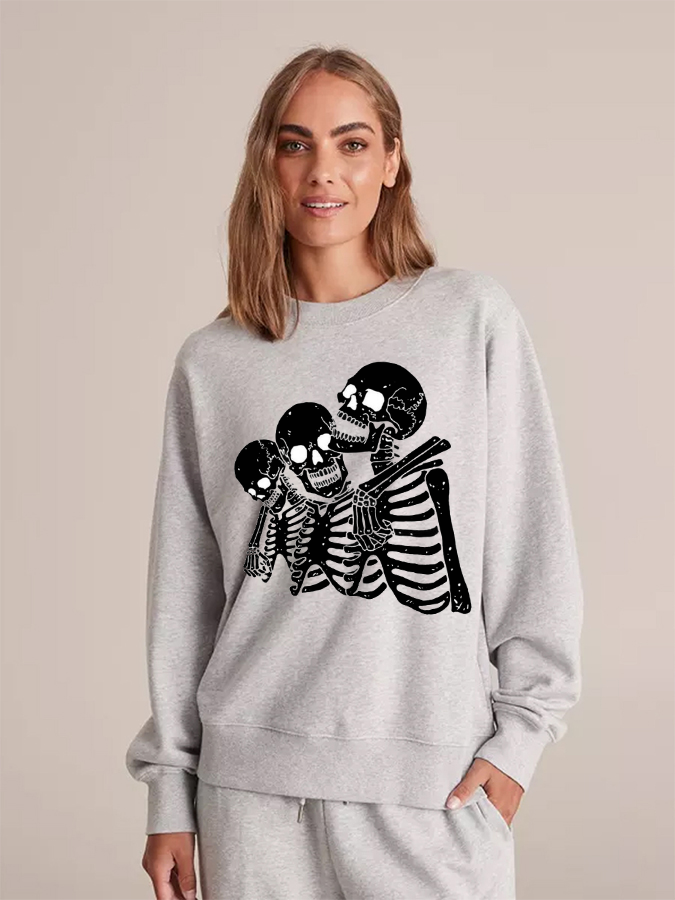 Unisex Round Neck Casual Skeleton Printed Long Sleeve Sweatshirt