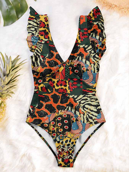 Deep V Colorblock Print Ruffle Open Back One-Piece Swimsuit