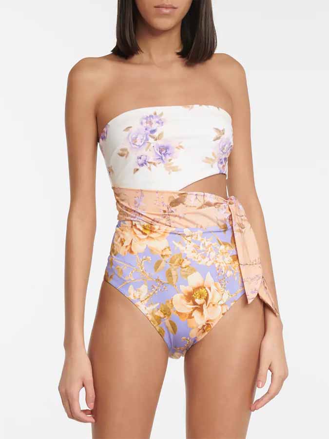 Fashion Colorblock Floral Print One Piece Swimsuit