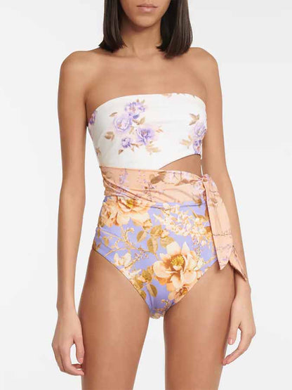 Fashion Colorblock Floral Print One Piece Swimsuit