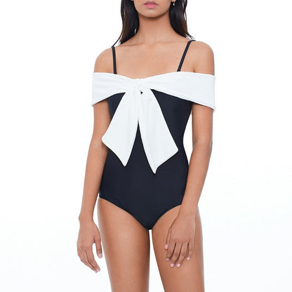 Fashion Solid Color Bow One Piece Swimsuit