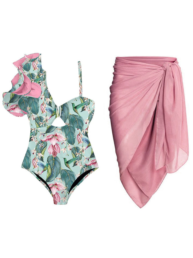 Fashion Print Ruffle One Piece Swimsuit and Cover Up