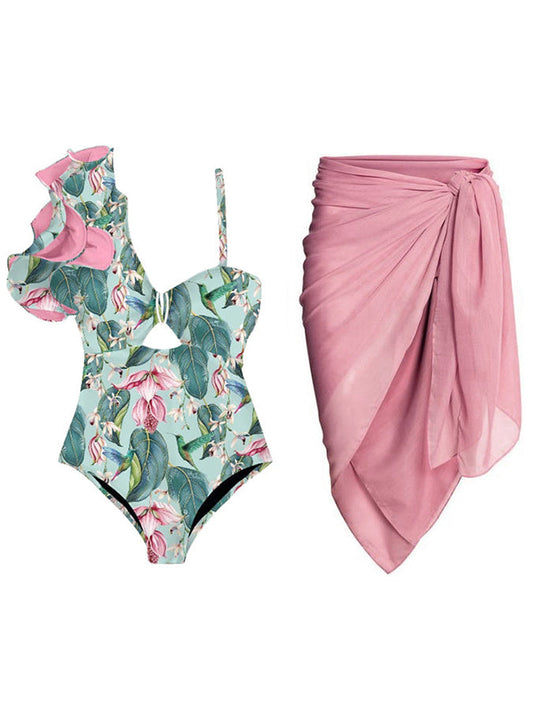 Fashion Print Ruffle One Piece Swimsuit and Cover Up