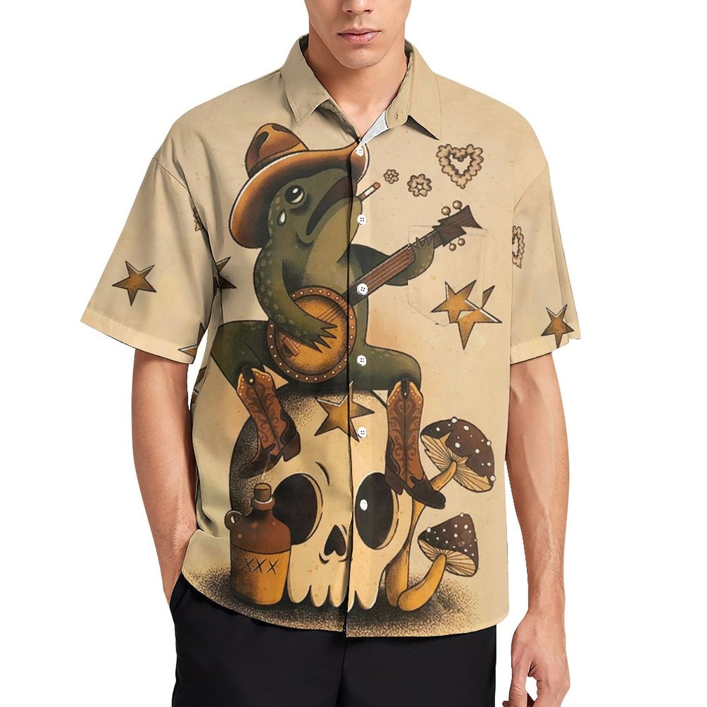 Men's Hawaiian Frog Print Casual Short Sleeve Shirt 2306102686