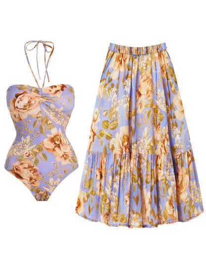 Fashion Floral Print One-Piece Swimsuit Set