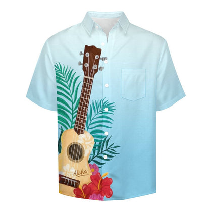 Cotton Linen Guitar Breast Pocket Short Sleeve Vacation Shirt 2305107205