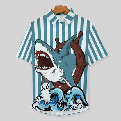 Men's Hemp Stripe Shark Print Vacation Hawaiian Shirt