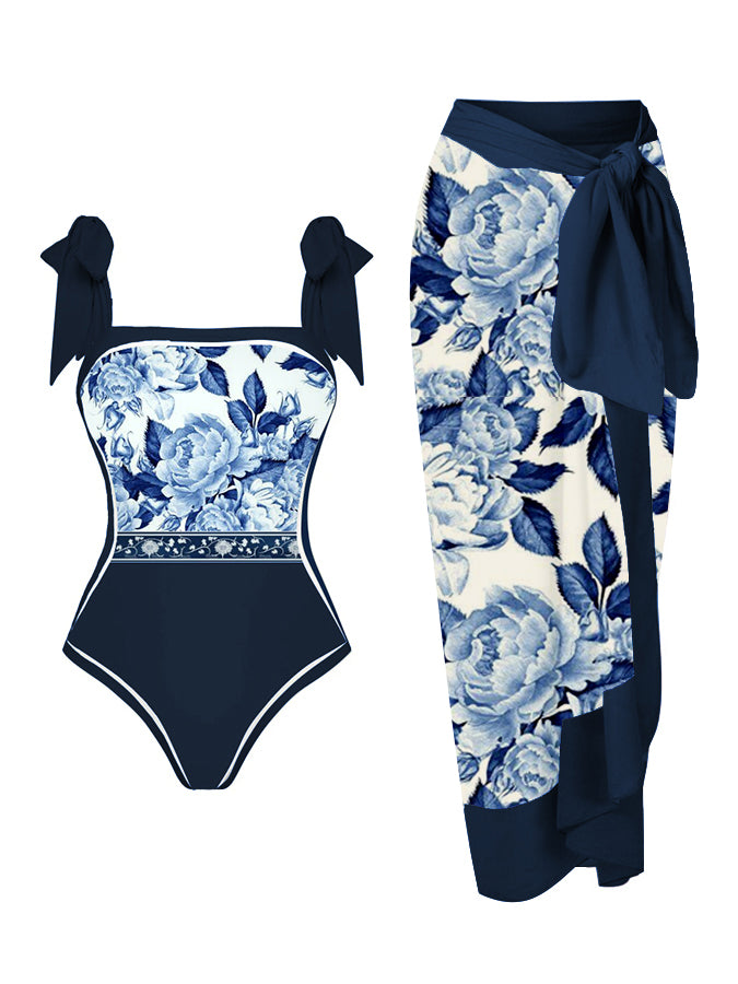 Blue and White Porcelain Print Color Block One-Piece Swimsuit And Cover Up