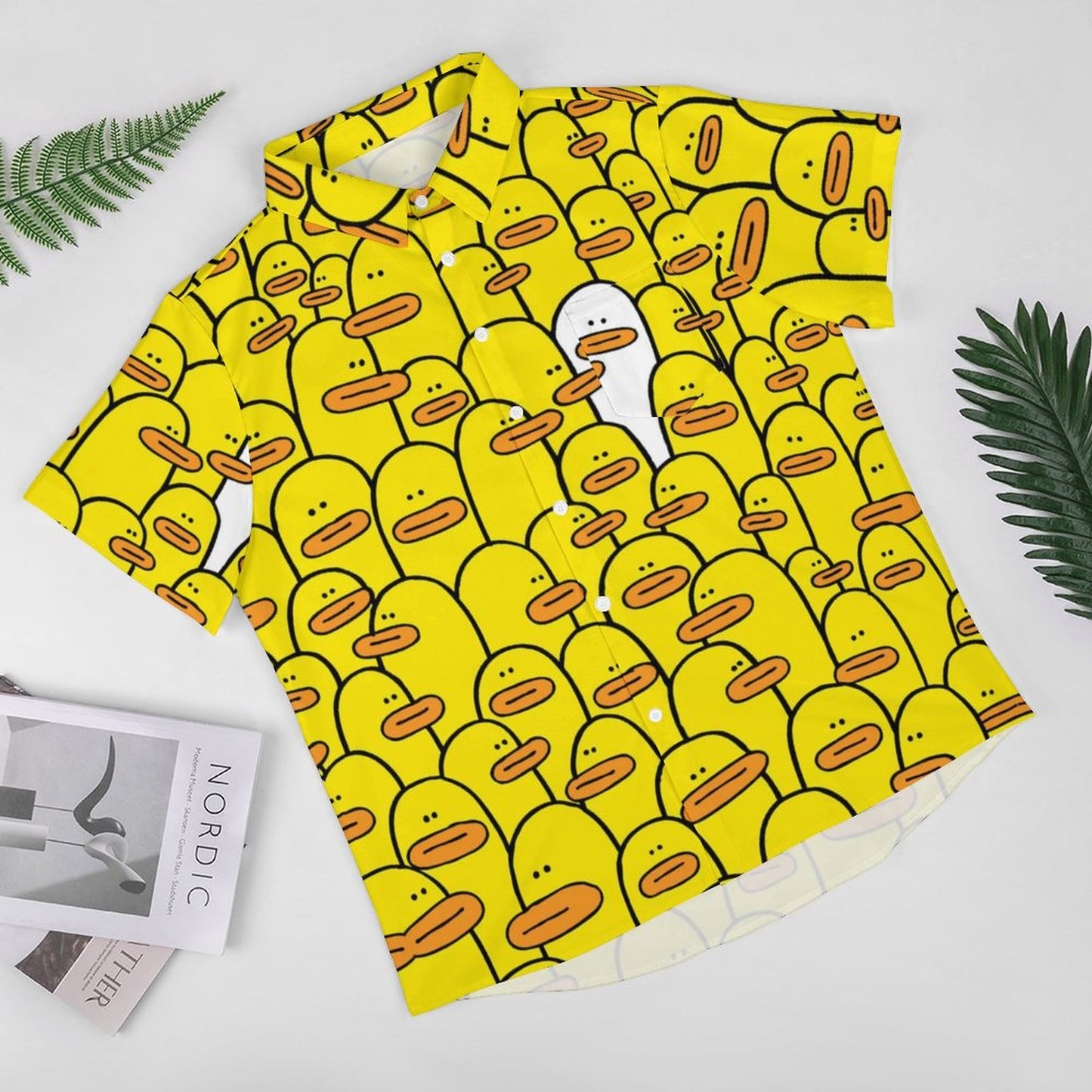 Men's Little Yellow Duck Print Casual Short Sleeve Shirt 2306102378