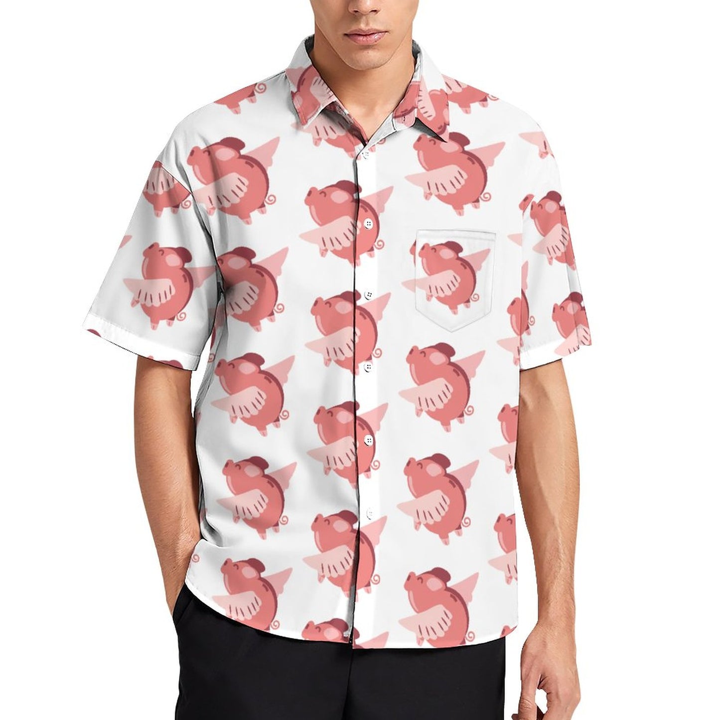 Men's Hawaiian Flying Pig Print Resort Shirt 2306101859