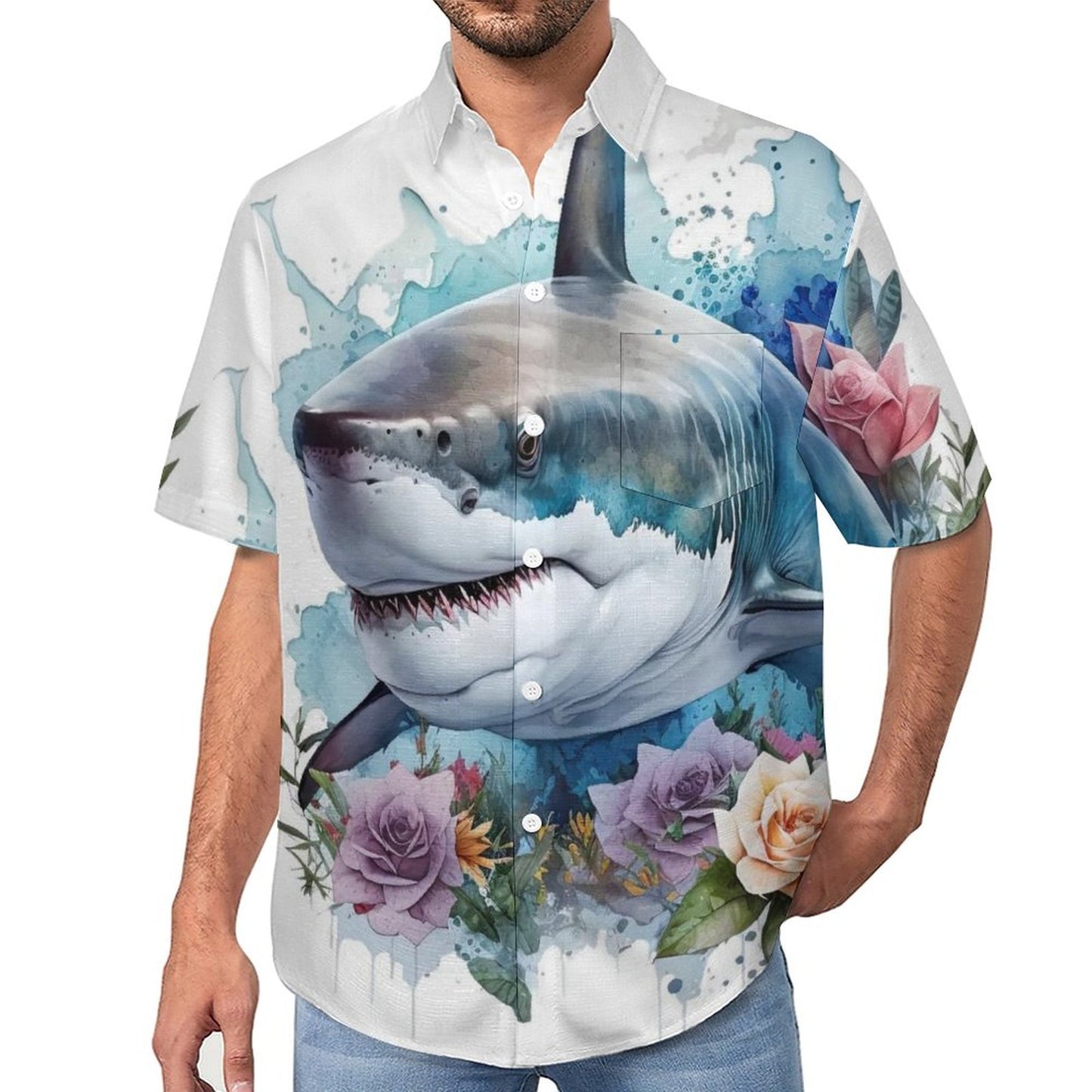 Men's Shark Painted Art Print Vacation Hawaiian Shirt