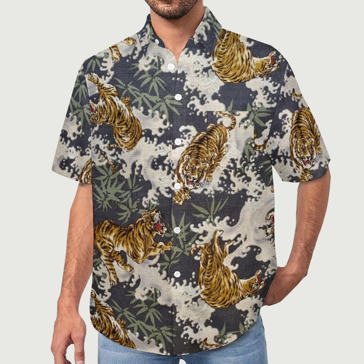 Cotton Tiger Breast Pocket Short Sleeve Resort Shirt 2306100688