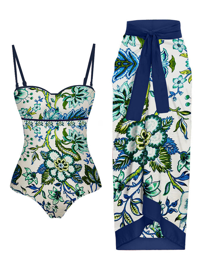 Fashion Vintage Floral Print Swimsuit and Cover Up