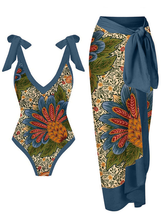 Printed Lace Up Chic One Piece Swimsuit