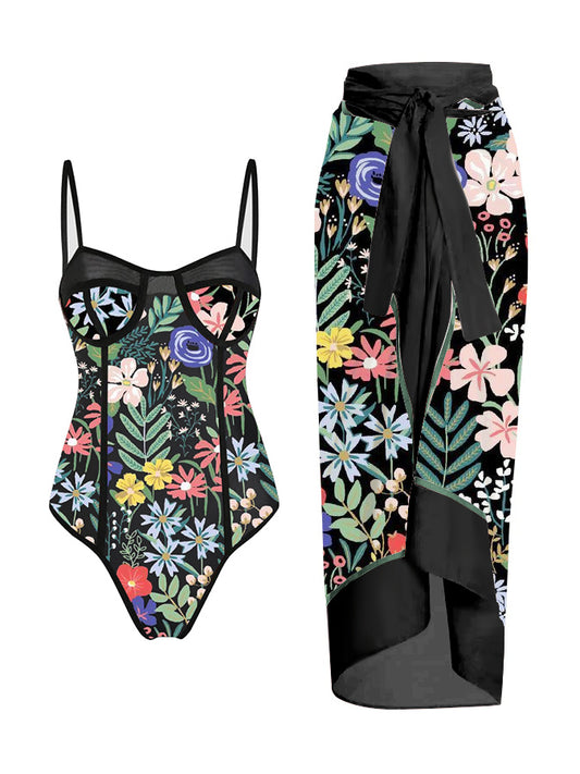 Vintage Floral Print One Piece Swimsuit And Cover Up
