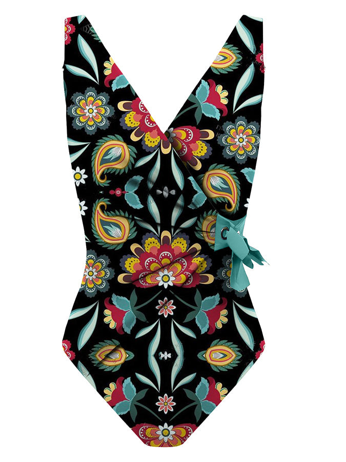 Print Collar Wrap Fashion One Piece Swimsuit