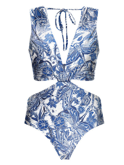Deep V Print One Piece Swimsuit