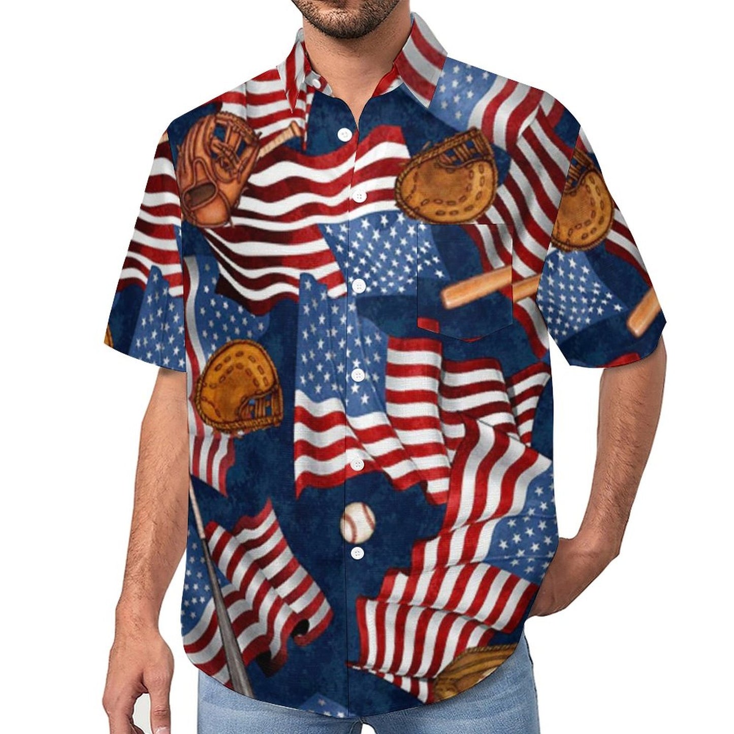 Men's American Flag Baseball Painted Print Vacation Hawaiian Shirt