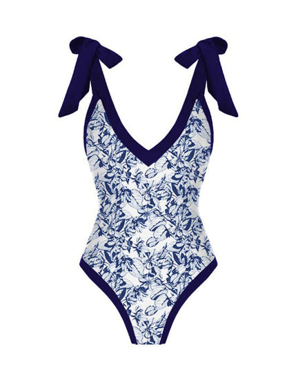 V-Neck Print One Piece Swimsuit and Cover Up